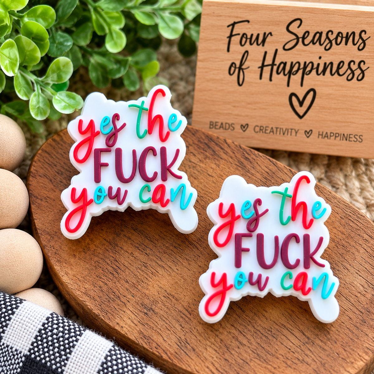 Yes the F*ck You Can motivational silicone focal bead with colorful pink, turquoise, green and red lettering for wristlet keychains and craft projects.